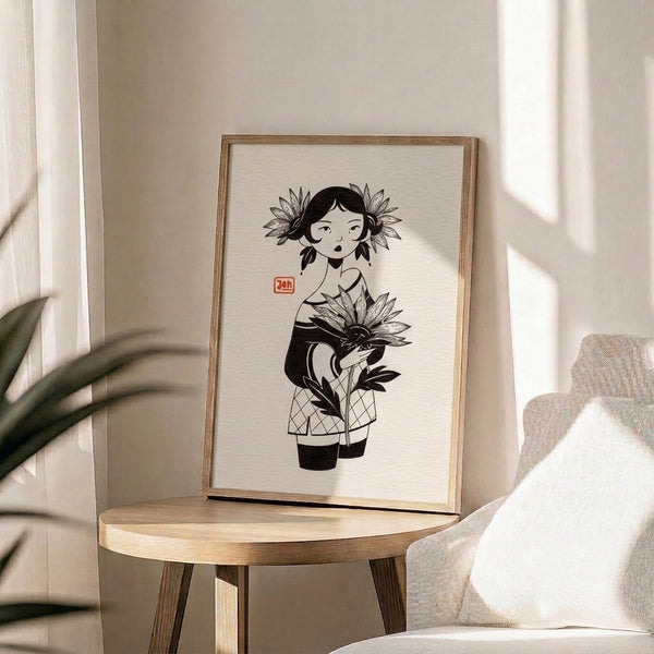 Minimalist framed poster artwork of a contemplative girl holding sunflowers rendered in elegant black linework on light background.