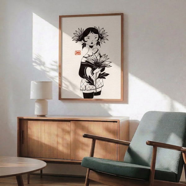Wabi sabi inspired wall art print featuring a whimsical woman with sunflower motifs in simple black line illustration on cream.