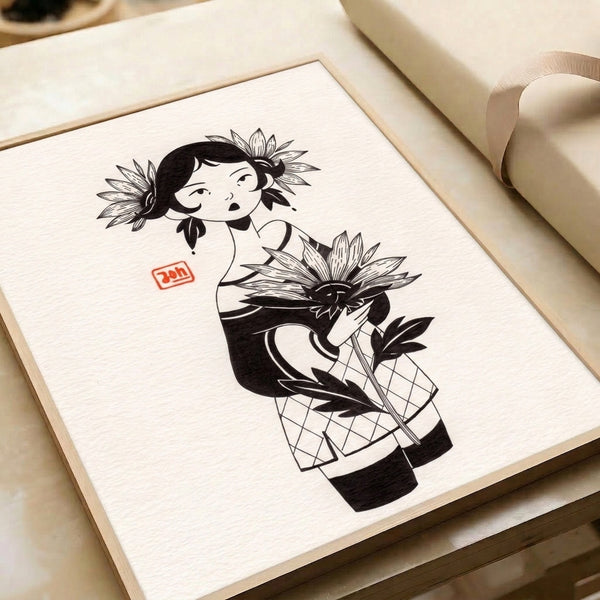 Folk art style framed print showing a girl surrounded by sunflowers in minimalist black linework with charming, contemplative mood.