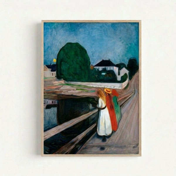 Girls On The Bridge poster print displaying Munch's haunting composition with silhouetted figures against a contemplative waterside scene, capturing melancholic atmosphere through impressionistic brushwork and cool color palette.