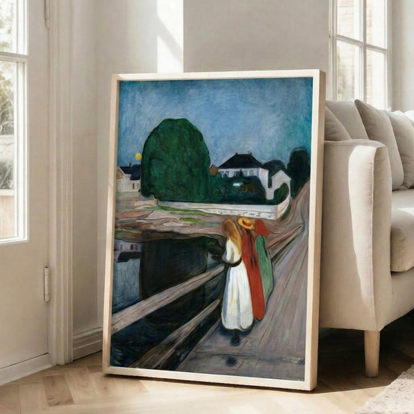 Wall art print of Munch's Girls On The Bridge featuring contemplative female figures in a riverside setting, rendered with impressionistic technique using blues, greens, and earthy tones that evoke psychological depth.