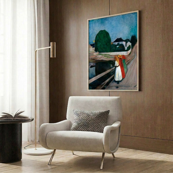 Munch's Girls On The Bridge art print showing three figures standing motionless on a waterside platform, painted in impressionistic style with a contemplative, introspective atmosphere conveyed through cool and muted hues.