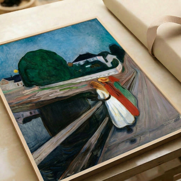 Poster art print of Edvard Munch's Girls On The Bridge, an evocative composition of figures on a pier overlooking water, rendered in expressionistic brushwork with psychological undertones and a restrained color scheme.