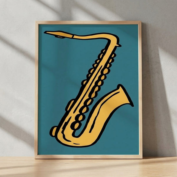 Minimalist line art saxophone in golden yellow and teal blue with black linework, creating a bold, jazzy aesthetic on a framed poster.