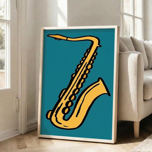 Modern single-line saxophone drawing in vibrant golden yellow against teal, capturing an energetic musical mood in minimalist style.
