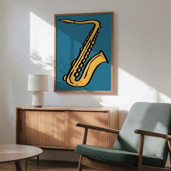 Framed art print featuring a saxophone rendered in continuous golden lines with teal accents, embodying contemporary minimalist design and jazz inspiration.