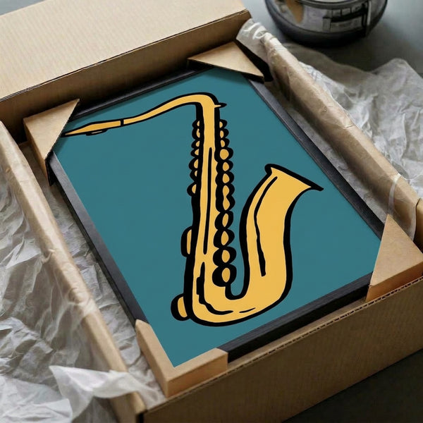 Bold golden saxophone outline with teal blue background, a sleek minimalist music poster print with energetic, modern appeal.