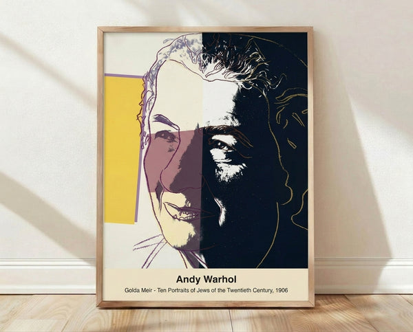 Bold pop art portrait in cyan, magenta, and yellow featuring a woman's face rendered in Warhol's iconic minimalist style, framed on a wall.