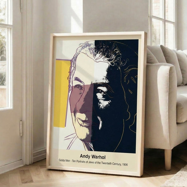 Contemporary pop art wall art with a simplified portrait in bright yellow and magenta against stark white, embodying Warhol's iconic visual language.