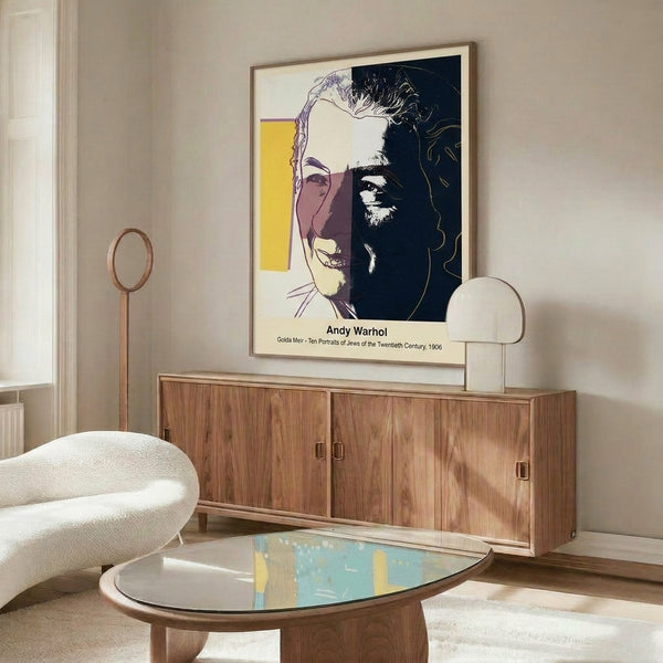 Modern pop art framed poster depicting a contemplative portrait in vibrant neon hues with stark graphic contrasts and minimalist composition.