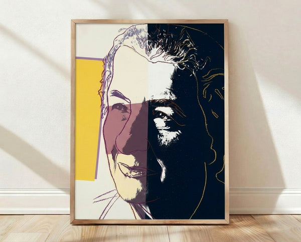 Pop art portrait of Golda Meir in vibrant colors with bold geometric shapes and layered silkscreen effect, characteristic of Warhol's Ten Portraits of Jews of the Twentieth Century series.