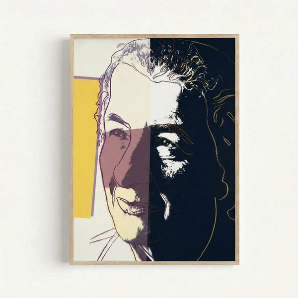 Colorful Warhol-style portrait print featuring Golda Meir with contrasting hues and repeated graphic elements typical of 1980s pop art aesthetics, displayed as framed wall art.
