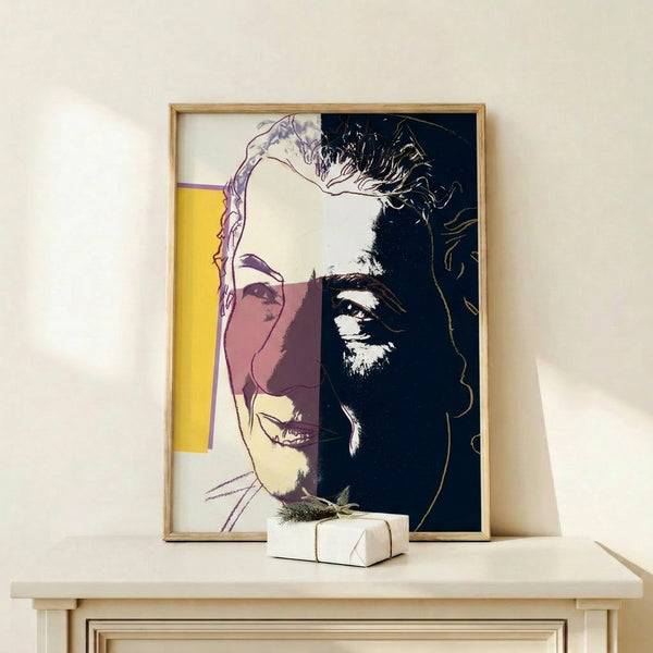 Golda Meir portrait rendered in Warhol's signature pop art style using vivid color blocks and silkscreen layering, creating a bold statement piece for contemporary decor.