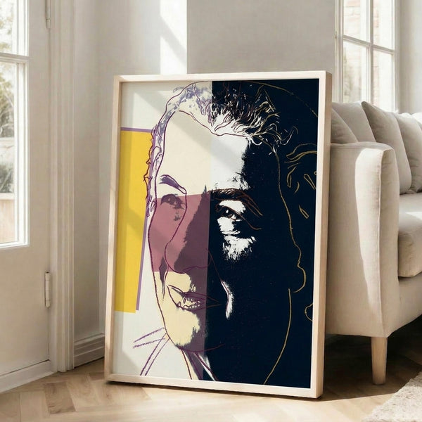 Framed pop art portrait of political figure Golda Meir with luminous color palette and graphic portrait treatment inspired by Warhol's famous portrait series.