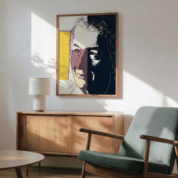 Abstract portrait print of Golda Meir in the style of twentieth-century pop art, featuring vibrant hues and stylized features characteristic of Warhol's iconic technique.
