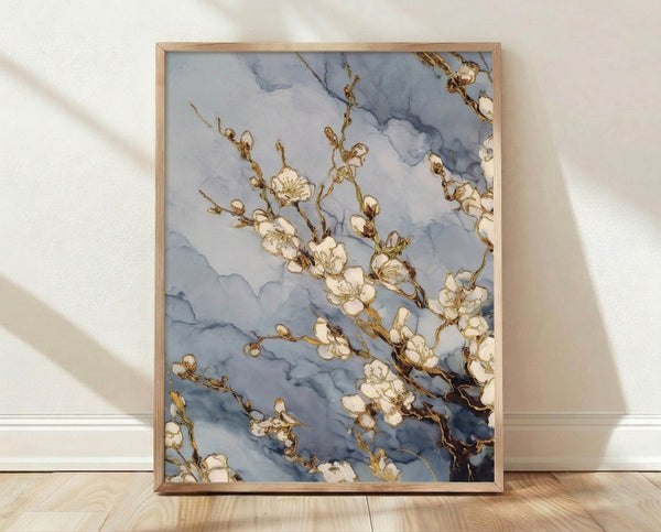 Serene watercolor painting of delicate cherry blossoms on a branch in soft cream, pale blue, and gold tones, framed as a minimalist botanical art print.