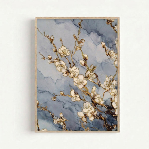 Elegant watercolor cherry blossom branch with muted gray and brown hues, painted in a modern minimalist style, displayed as a framed wall art print.