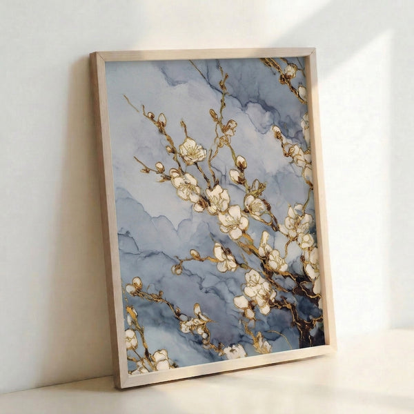 Soft watercolor artwork featuring pale blossoms blooming along a graceful branch, rendered in cream and gold with serene, understated elegance.