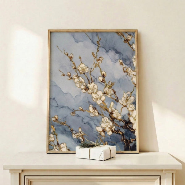 Minimalist watercolor botanical print showing cherry blossoms in soft blues and grays, evoking a calm, contemporary aesthetic on a framed poster.