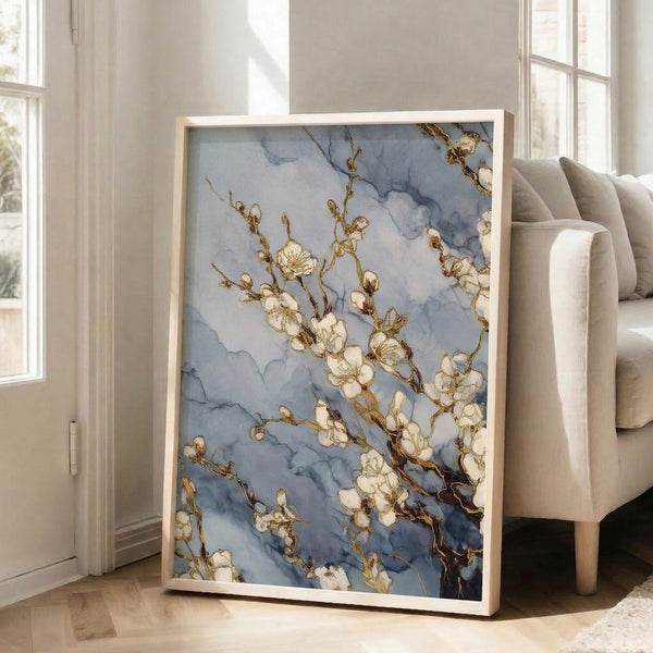 Delicate cherry blossom watercolor study in cream, soft gold, and pale tones, capturing quiet botanical beauty in a modern minimalist composition.