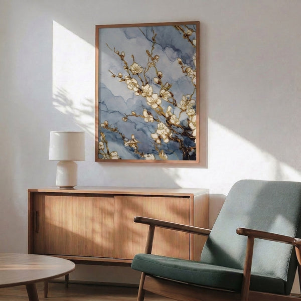Serene framed watercolor art of blooming cherry branches in muted cream and brown, embodying peaceful minimalist design with subtle color harmony.