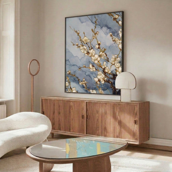 Contemporary watercolor poster of cherry blossoms in soft blue and gray, showcasing delicate botanical imagery in an understated, elegant style.