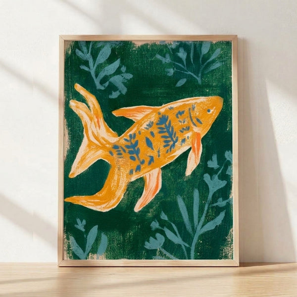 Serene Japandi art print featuring golden koi fish swimming among aquatic plants in deep forest green and slate blue tones, framed on a wall as minimalist zen decor.