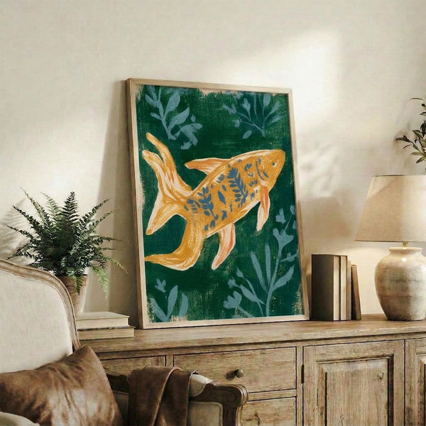 Framed minimalist poster showcasing elegant koi fish with water vegetation in calming golden orange, cream, and green hues inspired by Japanese woodblock style.