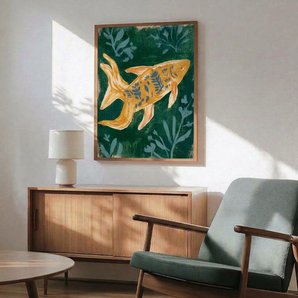 Tranquil framed print of koi fish among water plants in muted slate blue and golden tones, capturing serene Japandi minimalism with woodblock art influence.