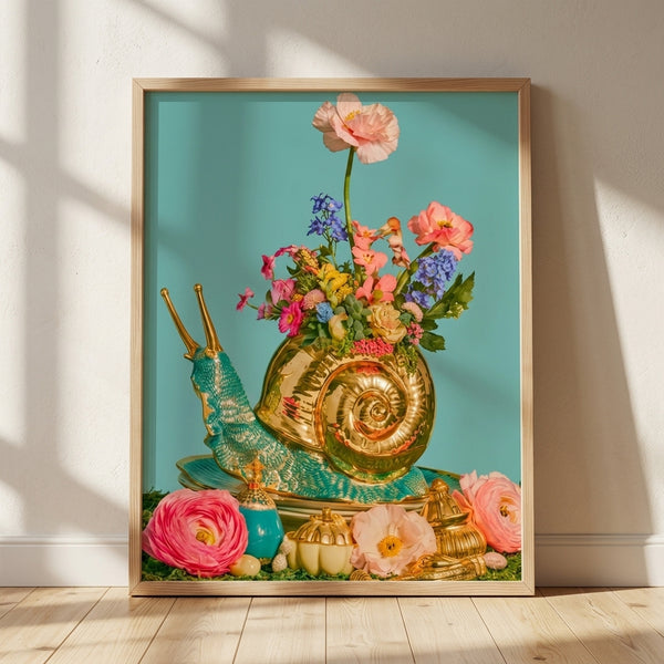 Boho still life art print featuring a golden snail beside a ceramic vase overflowing with coral pink and purple flowers, rendered in whimsical style with turquoise and cream accents, framed on wall.