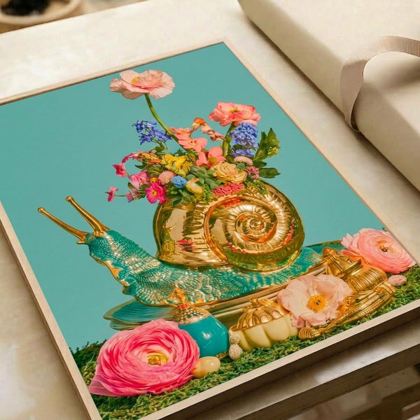 Joyful still life print combining a golden snail with a lush ceramic vase of coral and purple blooms in boho-coquette aesthetic, featuring rich turquoise and cream palette as framed wall art.