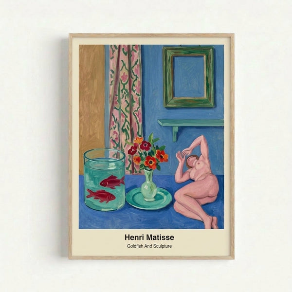 Vibrant minimalist framed art print showcasing a goldfish and abstract sculpture in bold blues and warm coral hues with white space, decorative modern wall art.