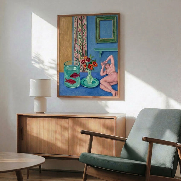 Vibrant modern framed poster with a stylized goldfish and abstract sculpture in bright blue, coral, green, and ochre, decorative minimalist artwork.
