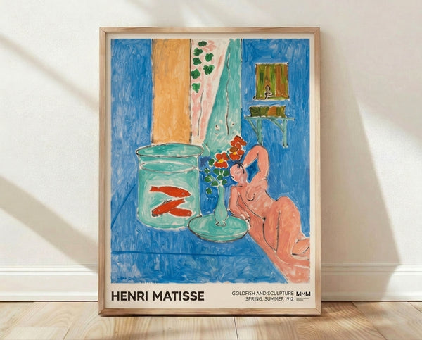 Matisse Goldfish and Sculpture 1912 framed poster featuring a serene interior scene with a goldfish bowl, female figure, and sculptural elements in soft blues, greens, and peachy tones.