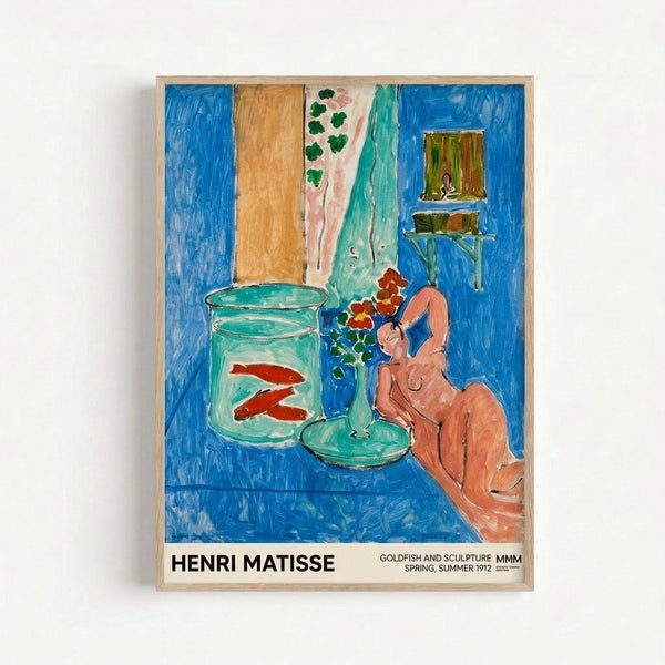 Modern art print of Matisse's contemplative composition with goldfish, flowers, and a woman amid warm ochre and rust-red accents against cool seafoam and cerulean backgrounds.