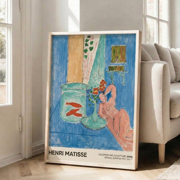 Matisse 1912 artwork in muted, sophisticated colors—serene goldfish and sculptural forms arranged with a contemplative woman and florals in an art nouveau sensibility.