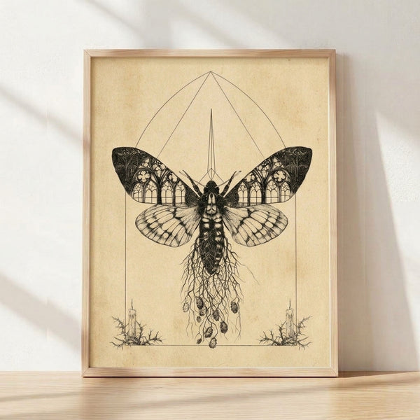 Surreal line art poster featuring a moth with cathedral-like wings composed of architectural elements, roots, and a glowing candle, rendered in black and cream tones on an off-white background.