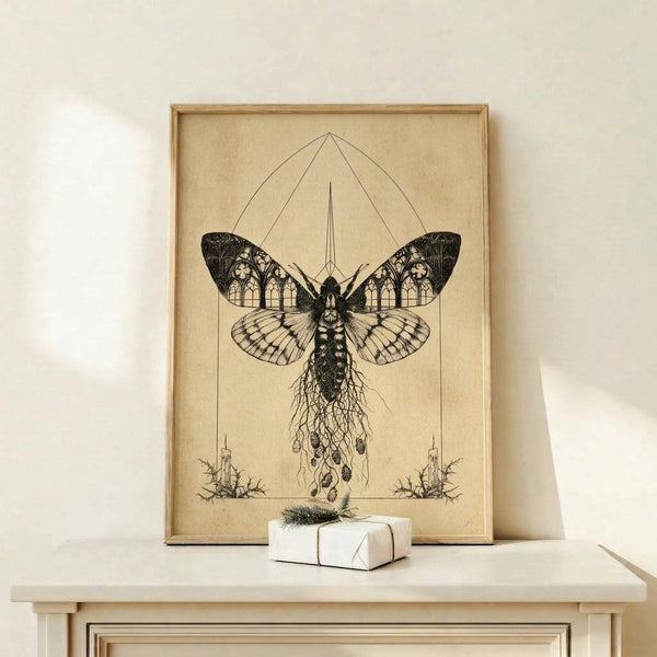 Gothic-inspired framed print depicting an intricate moth figure with wings formed by towering cathedral architecture, delicate roots, and candlelight in sepia and black line work.