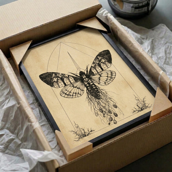 Unsettling gothic line art print of a moth whose expansive wings incorporate soaring cathedral structures, intertwined roots, and glowing candle imagery in monochromatic sepia and black.