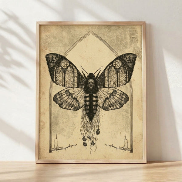 Gothic line art poster featuring a death's head moth with intricate wings and skull imagery framed above sepia and cream tones, surrounded by thorns, roots, and flickering candles in a haunting, mystical composition.