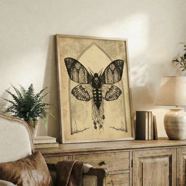 Framed surreal artwork depicting a faceless winged moth figure with skull elements, roots spreading below, and lit candles, rendered in black line art against cream background with dark, introspective atmosphere.