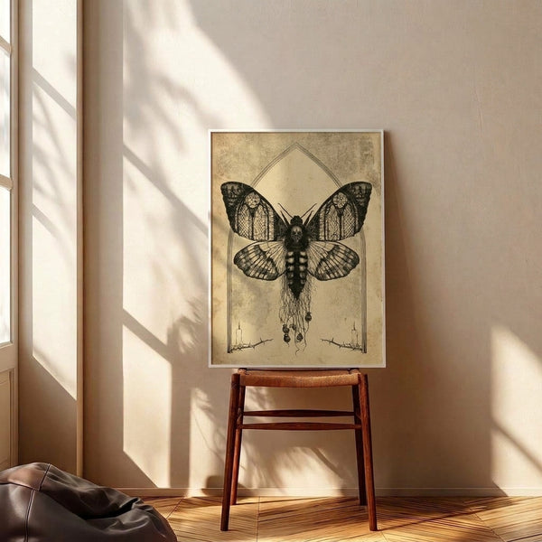 Dark gothic print showing a detailed moth with skull overlay, thorny vines, and candlelight in sepia and black tones, creating a mysterious and mystical wall art piece with intricate line work.