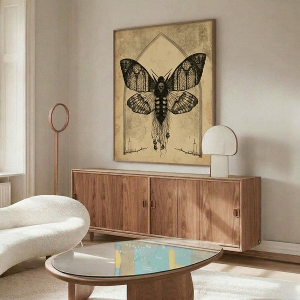 Witchy surreal poster of a winged moth fused with skull imagery, delicate roots and thorns beneath, candles glowing softly, executed in gothic line art with cream, black, and sepia palette for a haunting, contemplative mood.