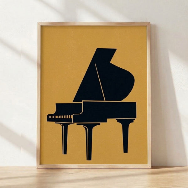 Bauhaus-style framed poster featuring a grand piano silhouette in black against a cream background with gold and mustard yellow geometric accents, embodying minimalist elegance.