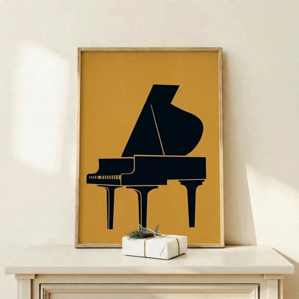 Mid-century modern art print with a sophisticated grand piano silhouette rendered in bold black lines, complemented by warm gold and mustard tones on a light cream canvas.