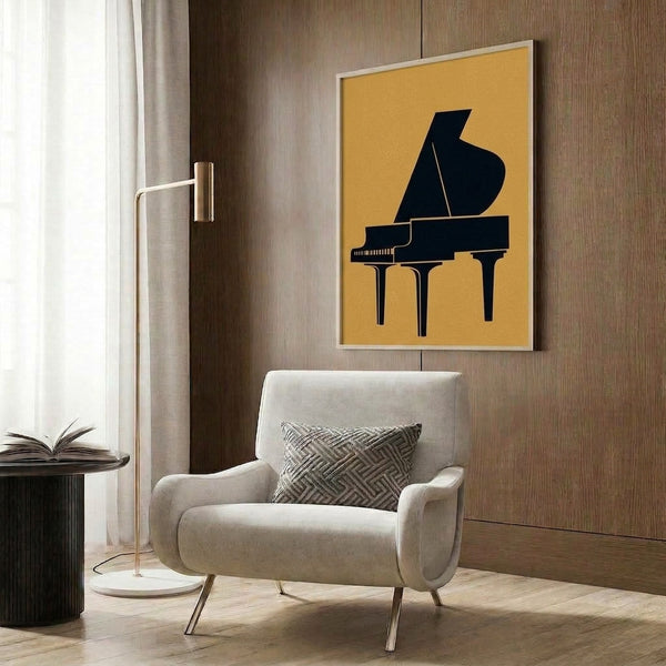 Minimalist framed wall art showcasing an elegant grand piano form in black with Art Deco-inspired geometric elements in gold and mustard yellow on a pale cream ground.