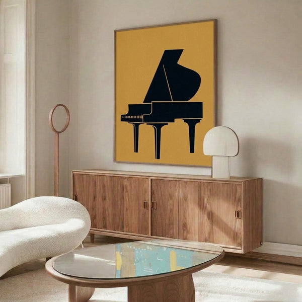 Contemporary Bauhaus poster depicting a grand piano silhouette with refined geometric styling, featuring a sophisticated palette of black, cream, gold, and mustard yellow tones.