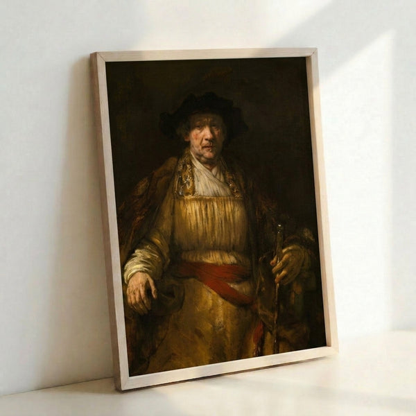 Dignified male portrait in warm ochre and deep shadow tones, displayed as a framed print with an introspective, contemplative atmosphere.