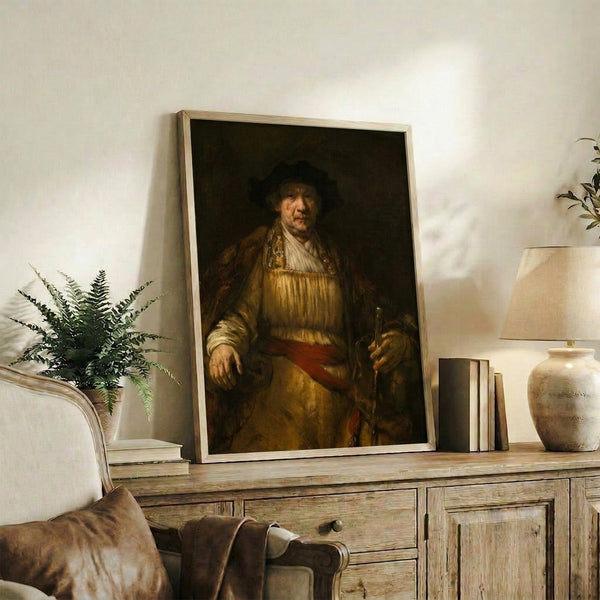 Framed vintage portrait painting showing a man in ochre, brown, and black tones with an introspective gaze and refined, dignified presence.