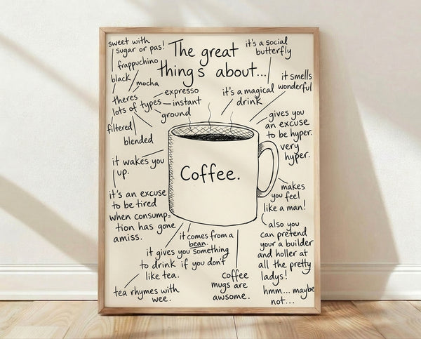 Minimalist line art poster celebrating coffee with hand-drawn mug and witty text in black ink on cream background, displayed as framed kitchen wall art.